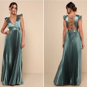 LULU's Sexy Prom Wedding Flowy Romantic Ruffle Corset Tie Back Maxi Dress